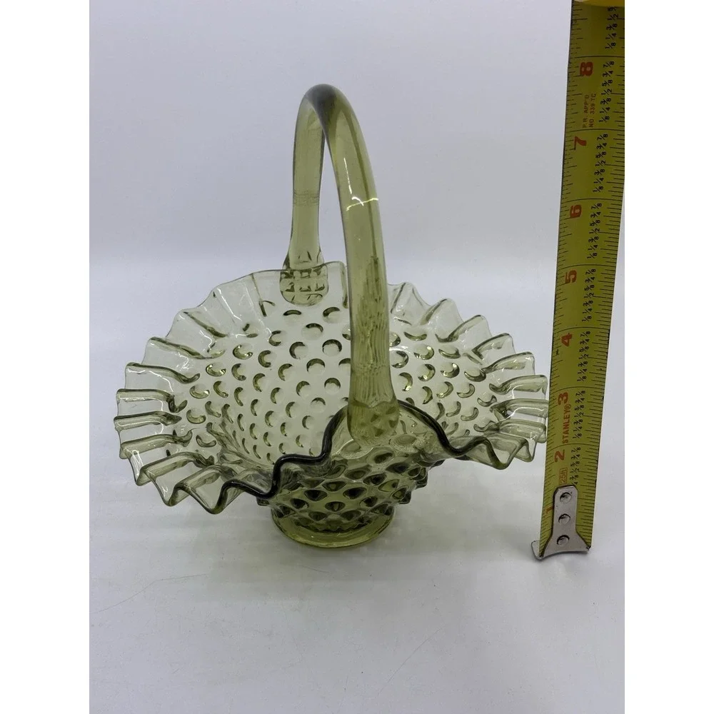 Vintage Fenton Green opalescent hobnail pattern glass flower Ruffled basket - Picture 6 of 6